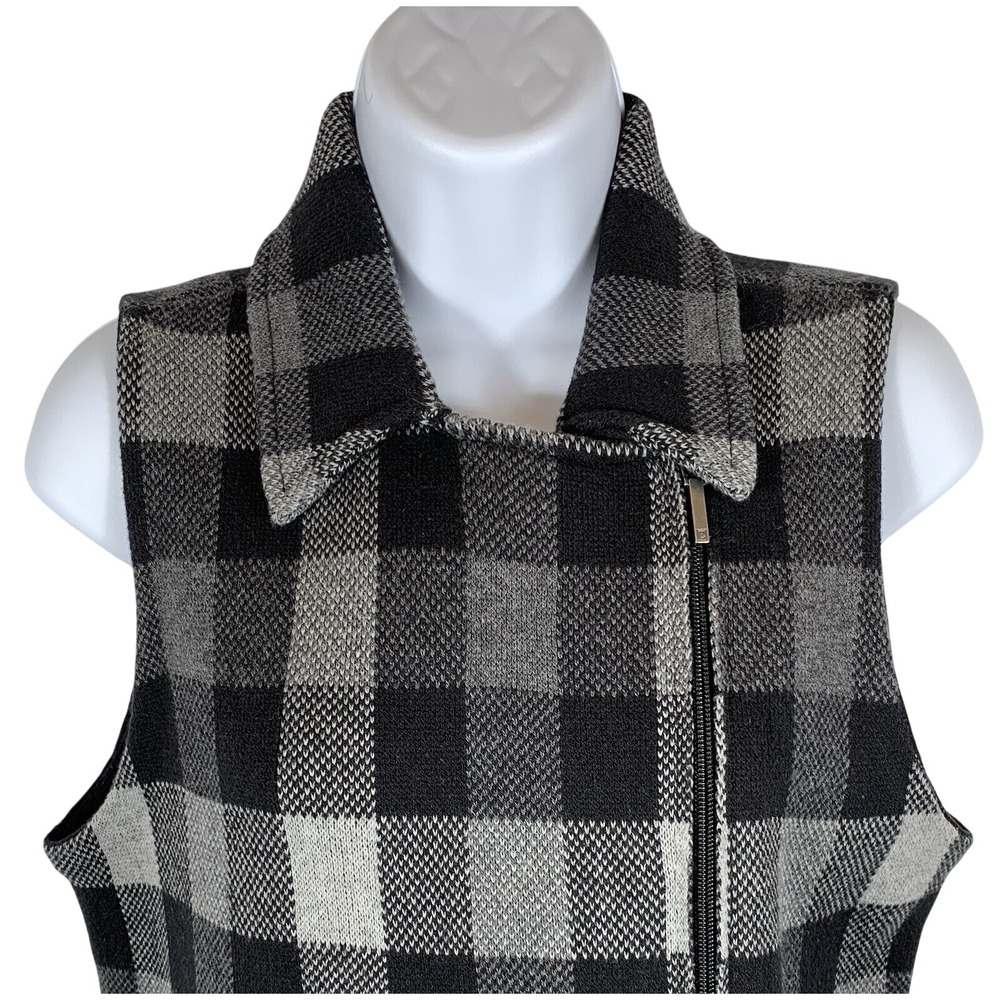 Chaps Sweater Vest Womens Medium Black & Gray Plaid Stretch Knit Full Zip - 304 - Picture 2 of 9